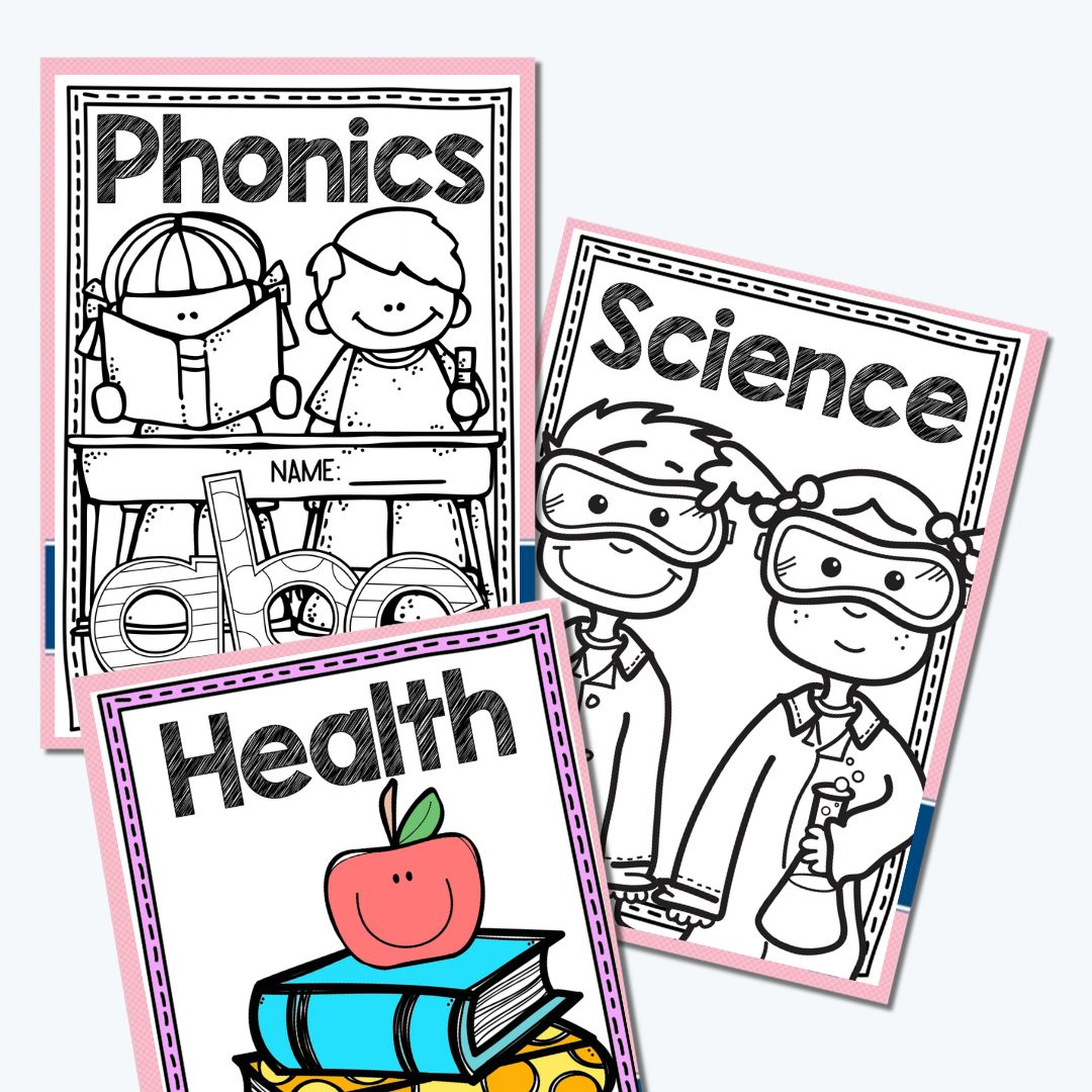 Back-to-school digital product featuring subject-specific book covers with bold outlines designed for students to colour in and personalise.