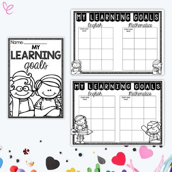 A set of "My Learning Goals" templates for students, featuring black-and-white worksheets for tracking English and Mathematics goals. The image is surrounded by craft items adding a creative element to the resource.