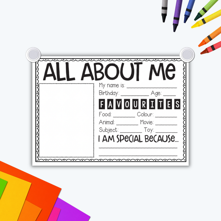 Black and white All About Me poster with prompts for students to fill out, sitting on a desk with coloured pencils and card nearby.