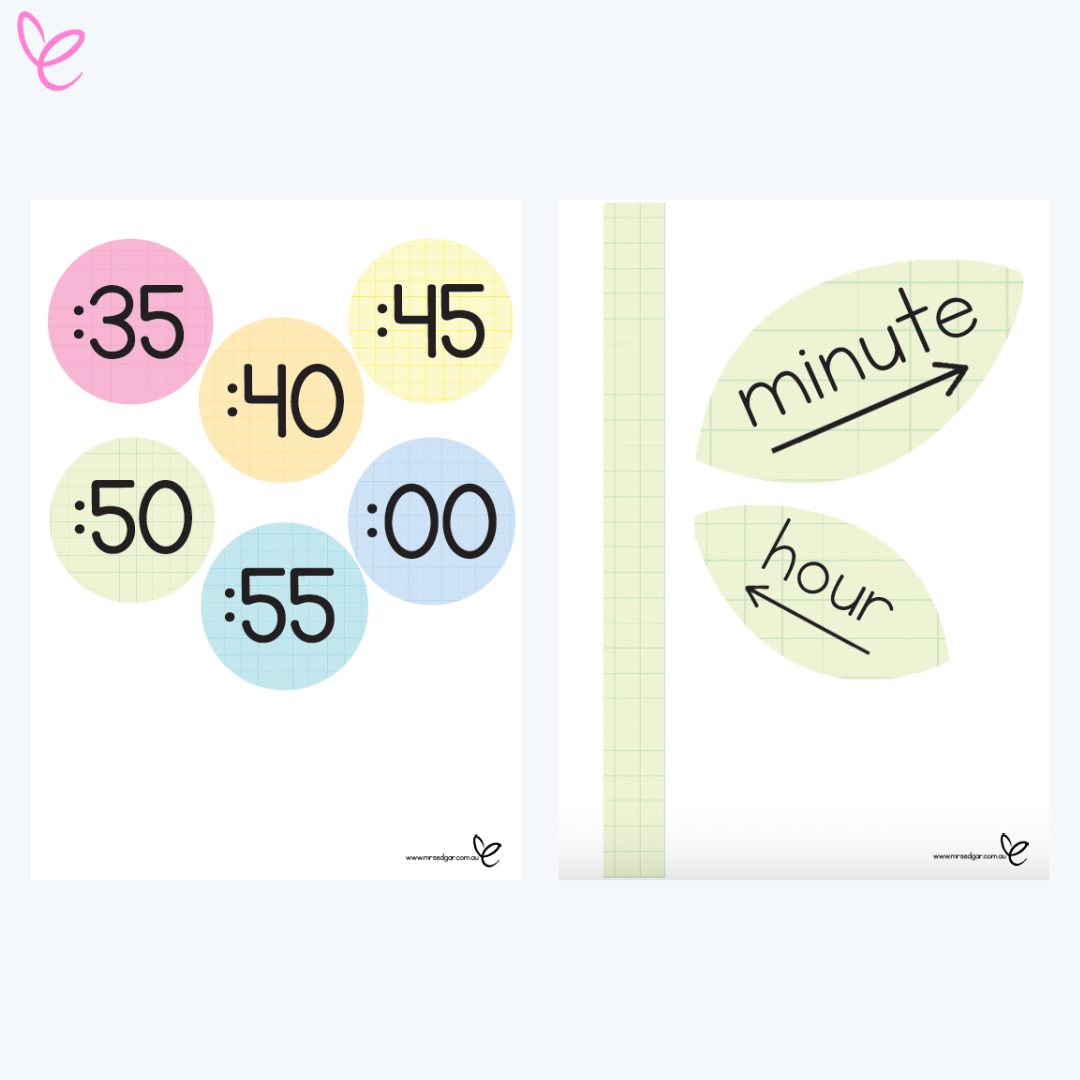 Cut-out clock teaching materials featuring pastel-coloured minute markers (:35, :40, :45, :50, :55, :00) and labeled leaves for 'minute' and 'hour'. The design has a grid pattern for easy cutting and assembly.