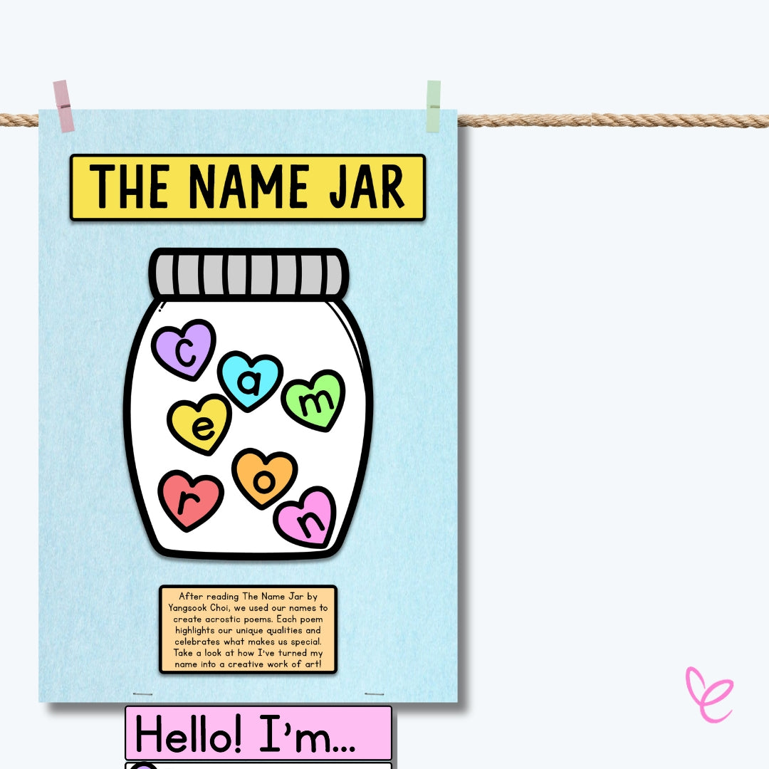 A completed Name Jar craft displayed on a pastel blue background with colourful heart-shaped letters spelling out a student’s name.