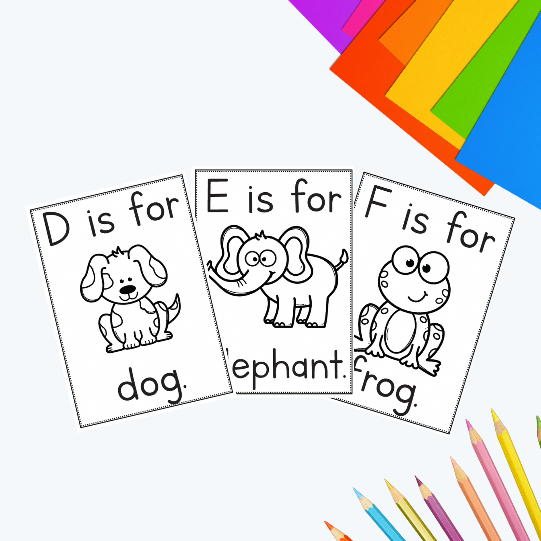 Alphabet Book cards with upper and lower case letters, animal images, and names, helping early readers recognise letters and sounds.