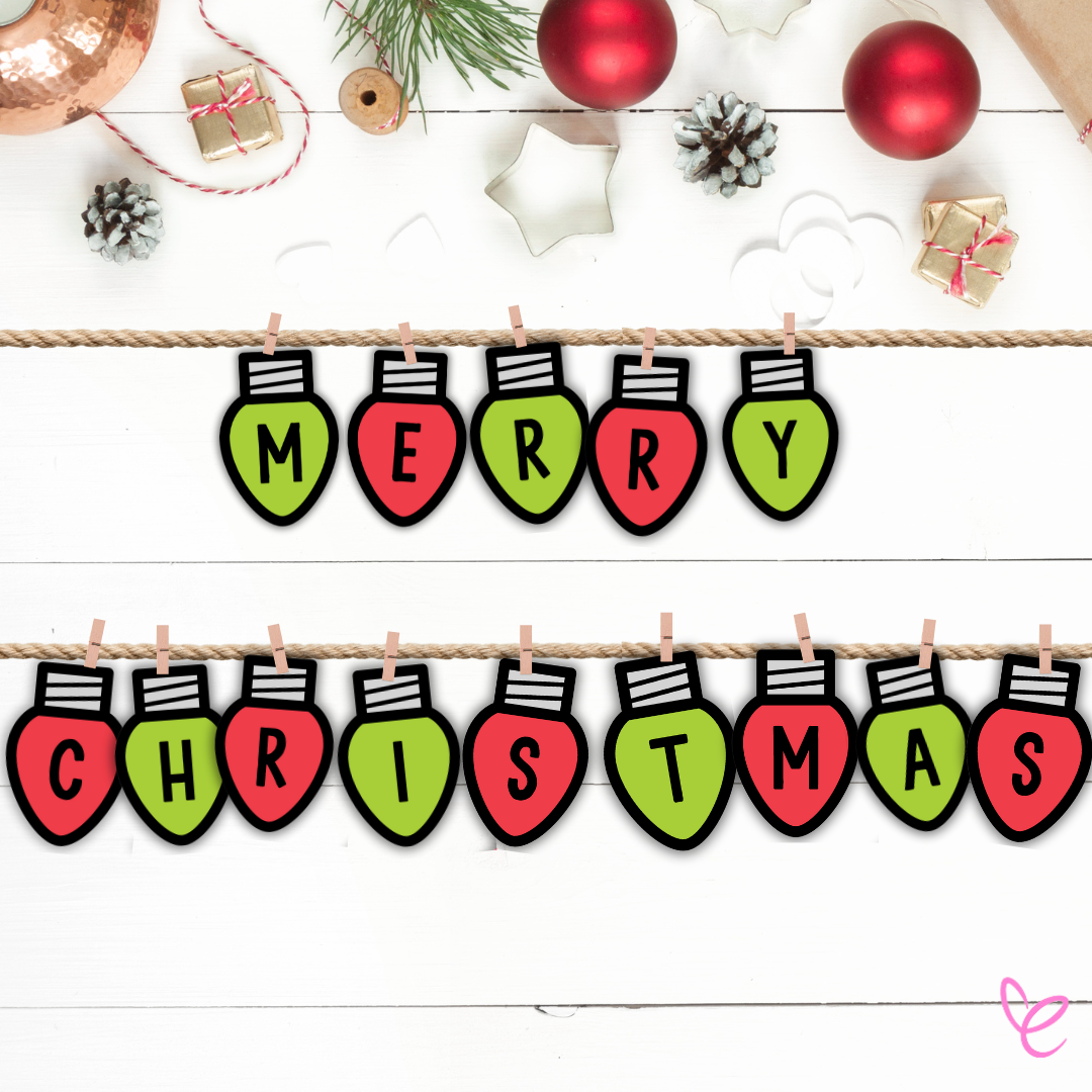 Festive Christmas printable with 'Merry Christmas' in colourful lights on paper, pegged on a rope, perfect for classroom decor.