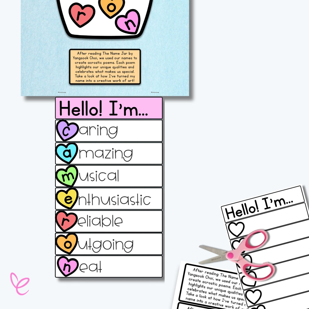 A completed acrostic name poem with words describing a student’s character traits, alongside printable cut-out sheets and scissors.