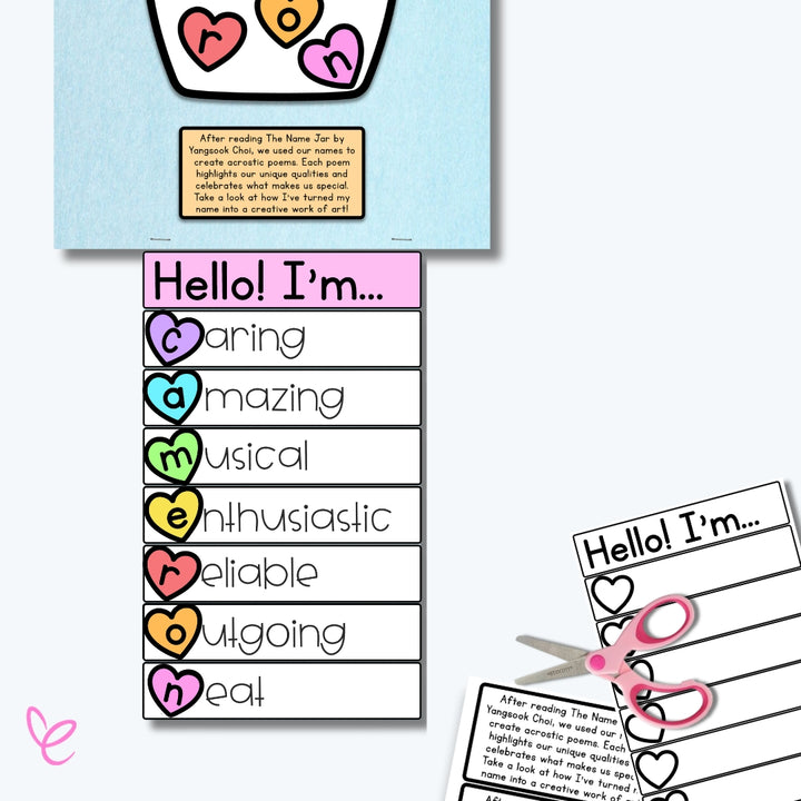 A completed acrostic name poem with words describing a student’s character traits, alongside printable cut-out sheets and scissors.