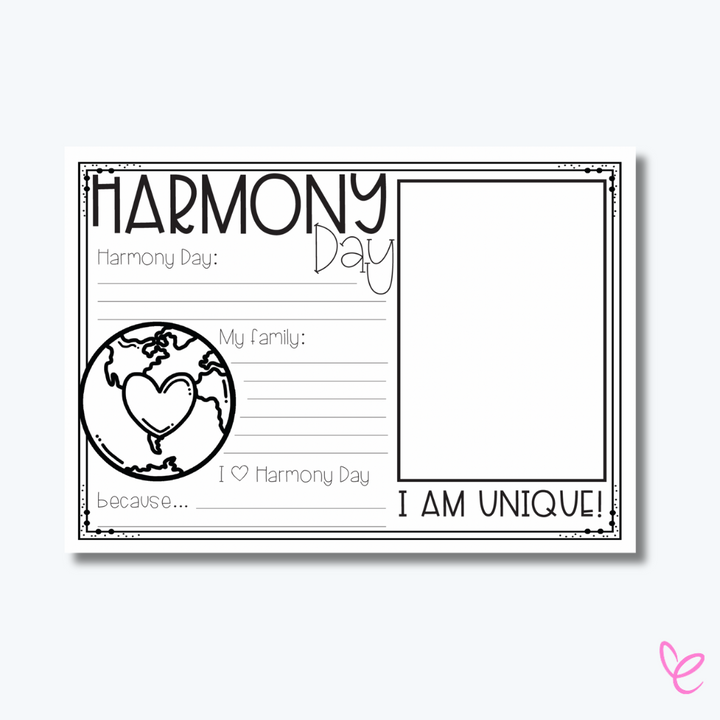 A black-and-white printable activity for students to write about their family, Harmony Day, and what makes them unique, featuring a heart-shaped globe illustration.