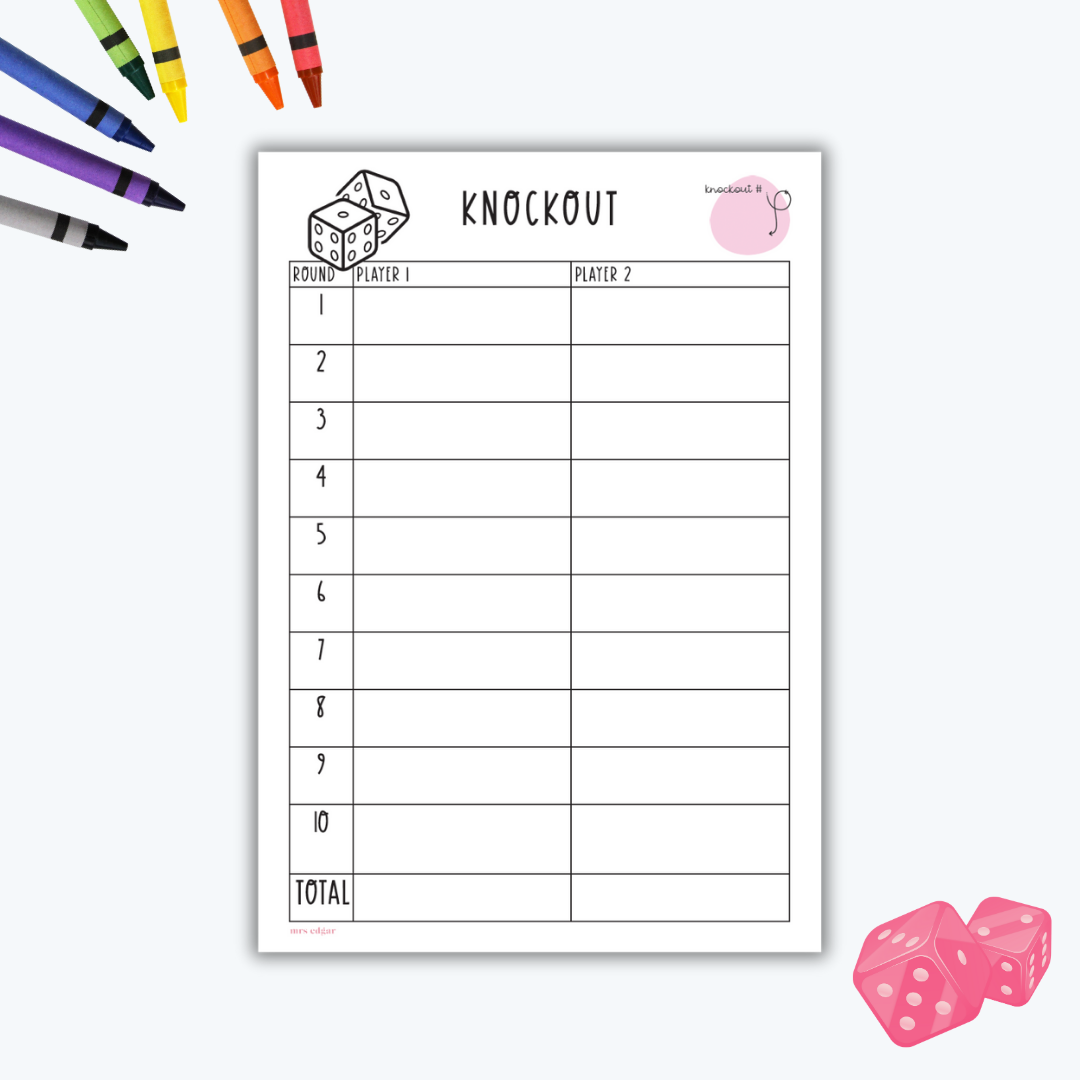  A printable Knockout math game score sheet featuring a simple table for two players to record their scores across ten rounds. The sheet includes dice illustrations and a total score section at the bottom. Surrounding the page are colourful crayons and pink dice.