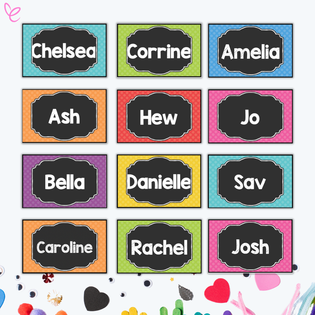 A collection of vibrant name tags featuring student names in bold white text on black chalkboard-style labels with colourful polka-dot borders.