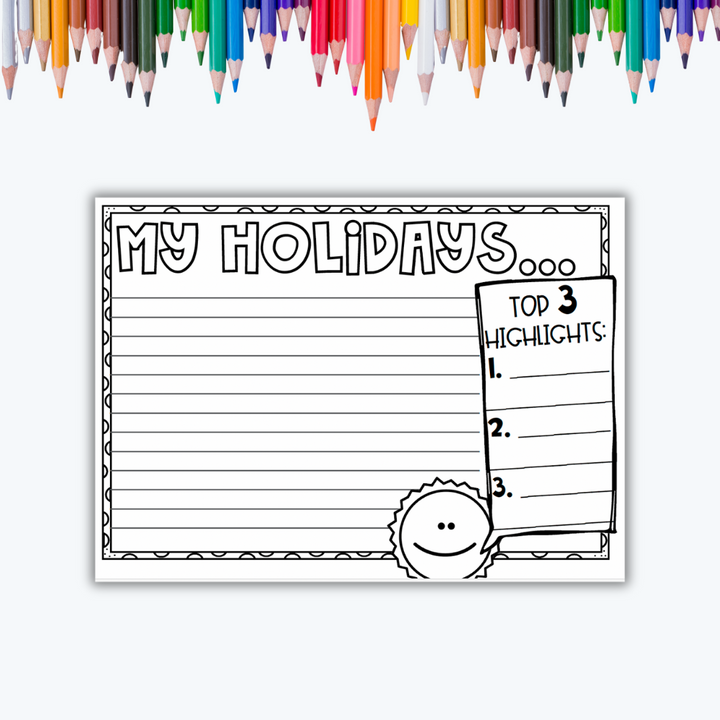 Writing Lines poster for students to recount their holiday, with writing space and a section for top 3 holiday highlights.