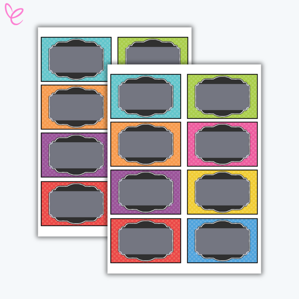 A set of colourful blank name tags with black chalkboard-style labels and patterned borders in blue, green, orange, purple, red, pink, and yellow.