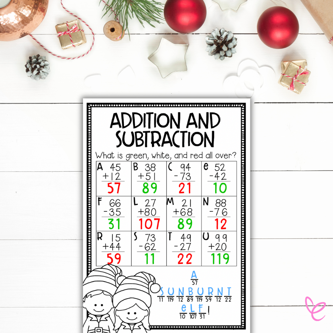 A photo of the subtraction and addition worksheet completed with red and green writing, displayed on a table with other Christmas decorations. 