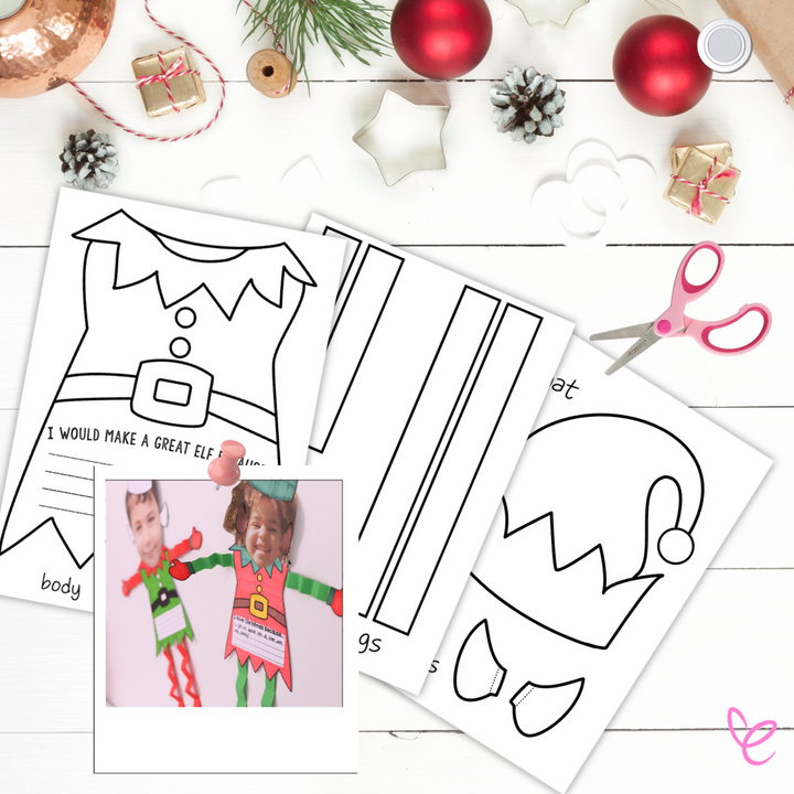 Completed elf crafts displayed on a white surface, with colourful elf cutouts featuring children's photos attached to the head and personalised writing on the body.