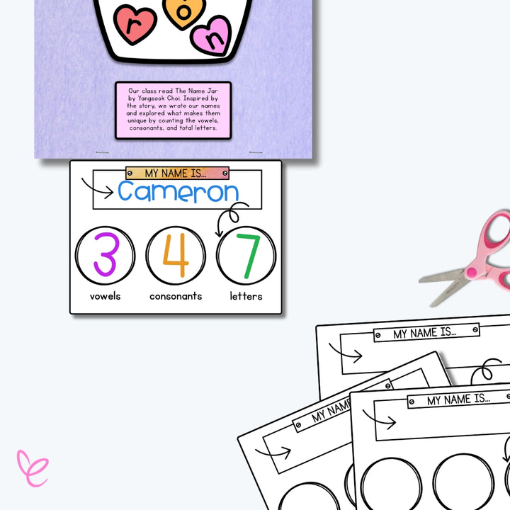  A printable name activity worksheet displaying vowel, consonant, and total letter counts, alongside scissors and additional blank templates.