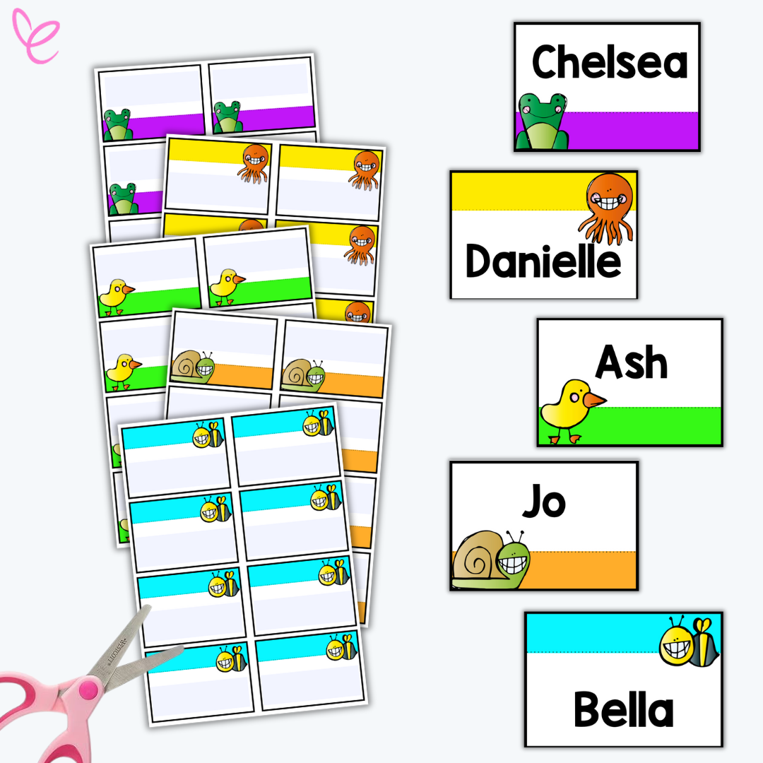 A collection of name tags with cartoon animal themes, including frogs, octopuses, ducks, snails, and bees. Some tags have student names printed in bold black text.