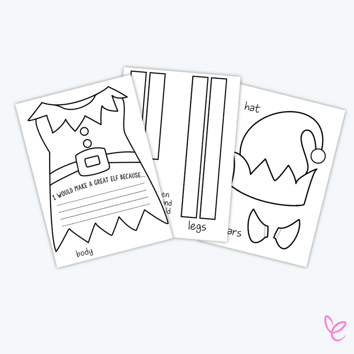 Printable elf craft template featuring an elf body with a prompt for students to write why they would make a great elf, along with cut-out shapes for elf legs, hat, and ears.