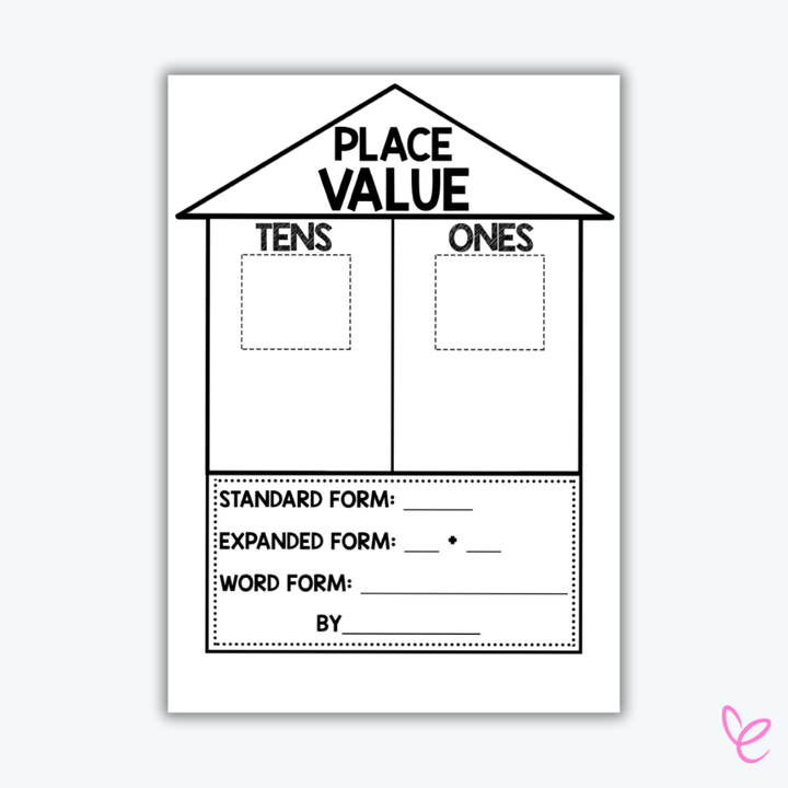 A printable place value worksheet shaped like a house, with spaces for tens and ones, plus a section to write standard, expanded, and word forms.