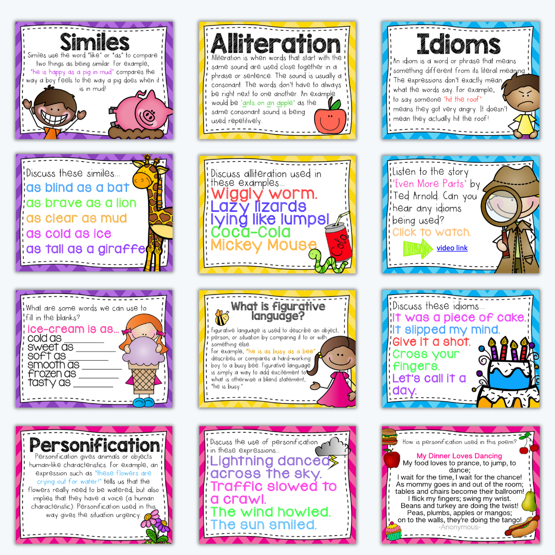 A set of twelve colourful task cards covering different types of figurative language, including similes, alliteration, idioms, and personification. Each card contains definitions, examples, and discussion prompts.