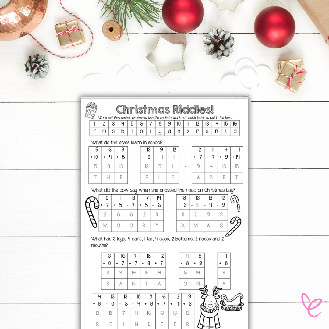 Christmas Crack the Code Riddles digital teacher download displayed on a desk with festive decorations, including ornaments and holiday accents.