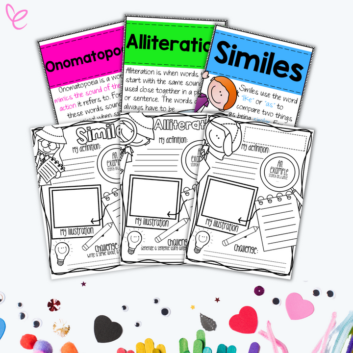  A mix of black-and-white and colourful figurative language posters for similes, alliteration, and onomatopoeia. The black-and-white worksheets allow students to define, illustrate, and write examples, while the vibrant, coloured posters provide clear definitions and examples for classroom displays.