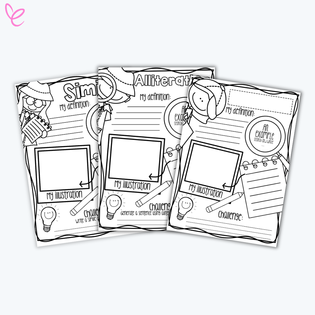 A set of three black-and-white printable worksheets for teaching figurative language. The worksheets include sections for students to define, illustrate, and write examples of similes, alliteration, and another figurative language element. The pages are decorated with playful illustrations of children and writing tools.