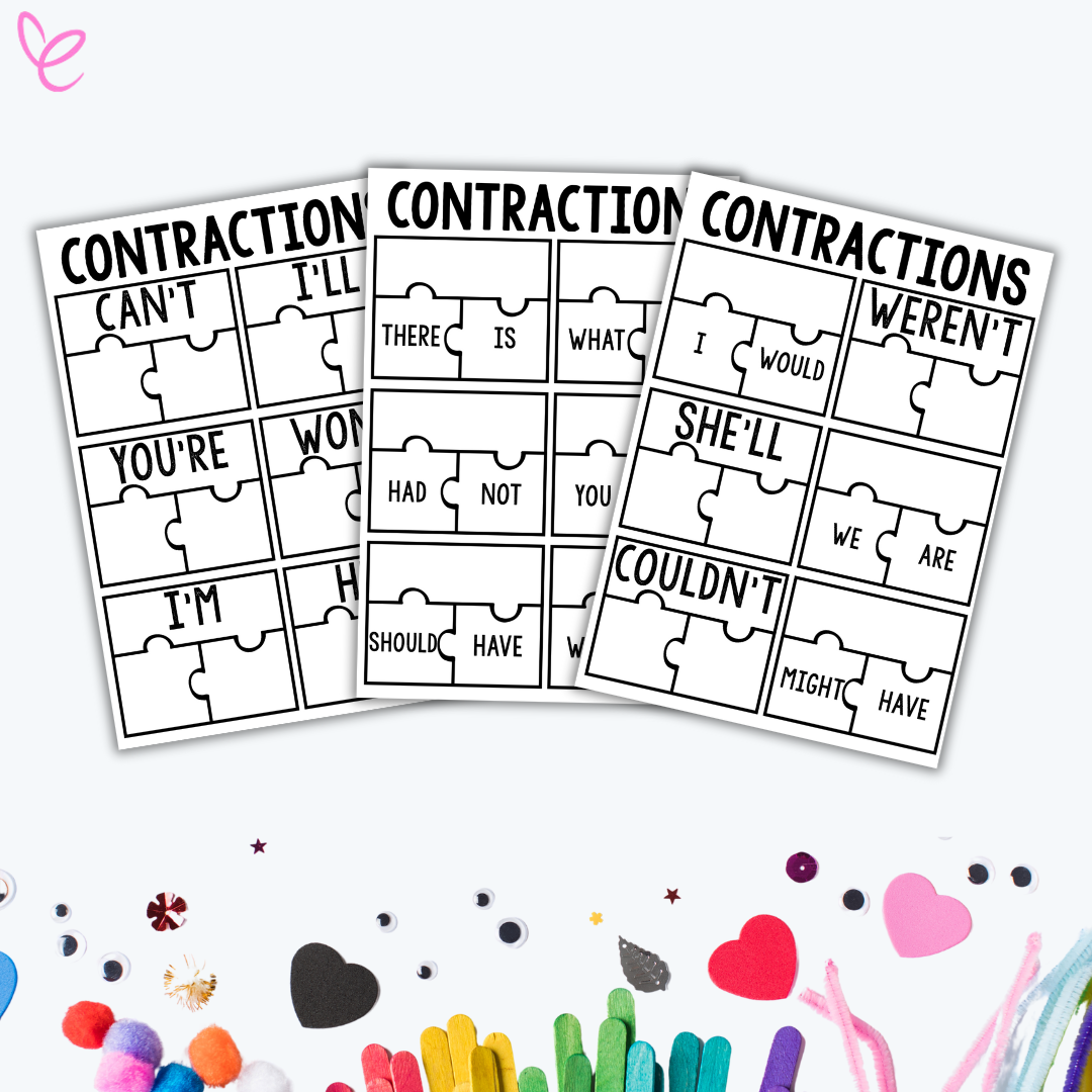 Three printable contraction puzzles fanned out, displaying words like 'you're,' 'there is,' and 'weren’t.' The background includes craft materials like popsicle sticks, hearts, and googly eyes.