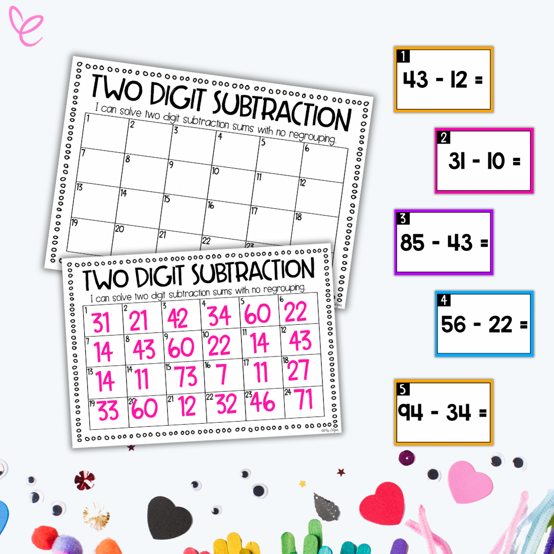 Includes a blank and completed two-digit subtraction answer sheet alongside task cards, encouraging interactive student participation.