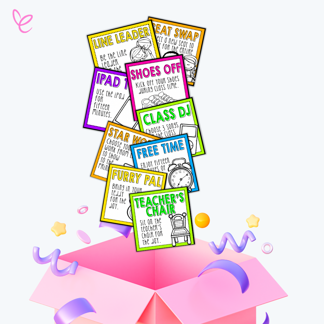 Customisable Classroom Reward Cards – editable digital printables for teachers displayed popping out of a pink box with decorative ribbons.