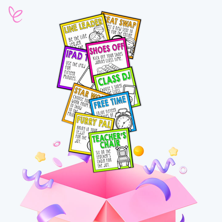 Customisable Classroom Reward Cards – editable digital printables for teachers displayed popping out of a pink box with decorative ribbons.