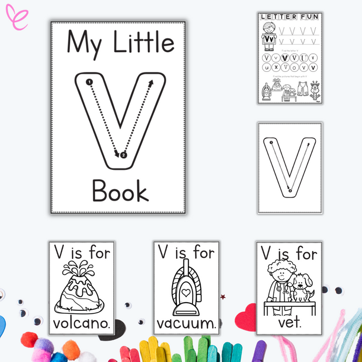 Black-and-white printable worksheets for learning the letter V, including tracing, letter recognition, and word association with images. Activities feature 'Letter Fun,' 'Something Extra' extension tasks, and 'V is for' pages with vacuum and volcano illustrations.