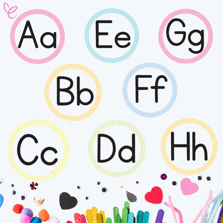 Alphabet circles featuring uppercase and lowercase letters in gentle pastel shades arranged in a visually appealing grid. Circles are designed to complement any classroom decor.