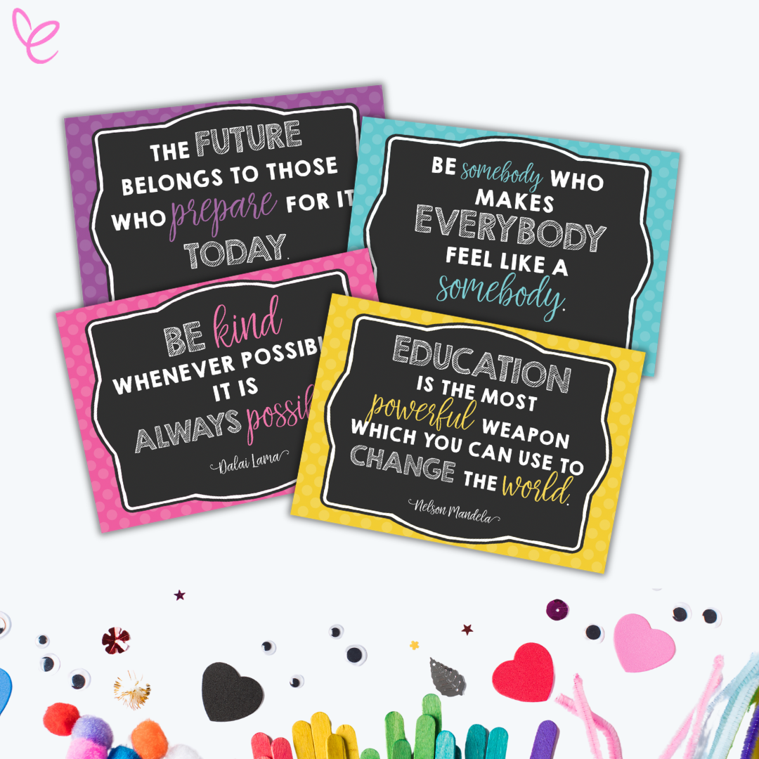 Four motivational posters with vibrant polka dot backgrounds in purple, teal, yellow, and pink, showcasing quotes from historical figures like Nelson Mandela and the Dalai Lama. The posters are laid out in a visually appealing arrangement with craft decorations surrounding them.