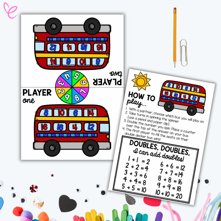 Printable maths game featuring a double-decker bus with numbered seats, a spinner, and a 'How to Play' guide. The game helps students practice doubling numbers by filling the bus seats with counters. Includes bright colours and engaging graphics.