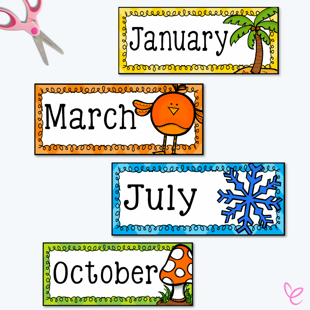 Classroom display posters illustrating Australian seasonal months, showing January, March, July, and October with colourful visuals.