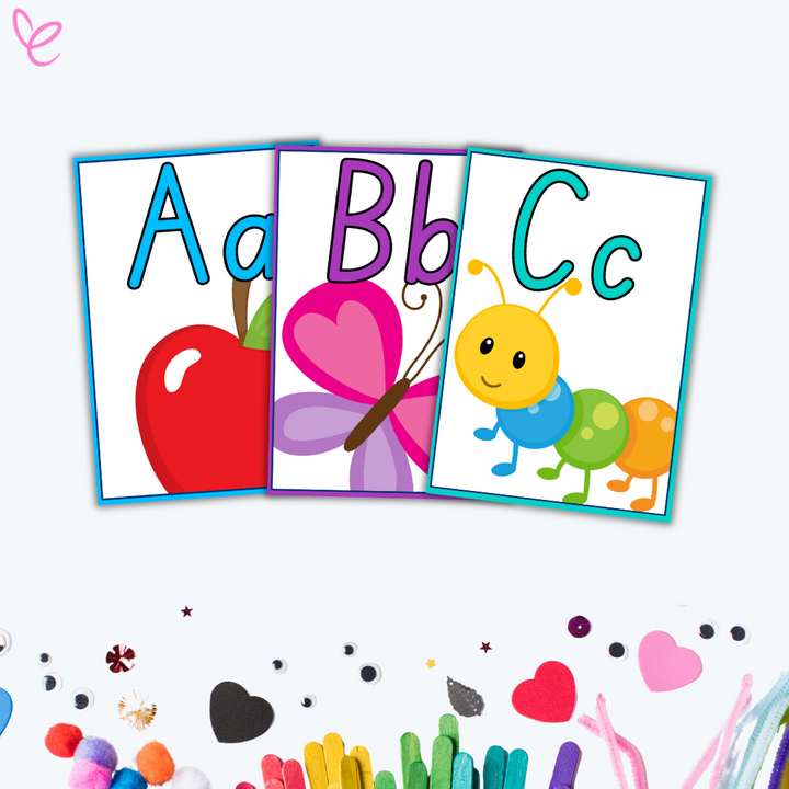 Bright and engaging set of classroom alphabet posters, each featuring an uppercase and lowercase letter alongside an illustrated object or animal representing the letter sound.