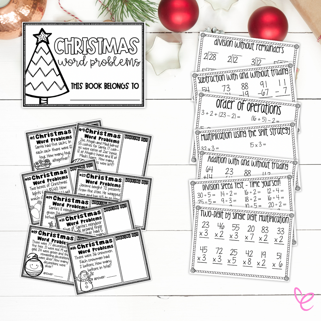 25 Christmas Word Problems Year 3 digital printable displayed with festive Christmas decorations, enhancing seasonal learning activities.