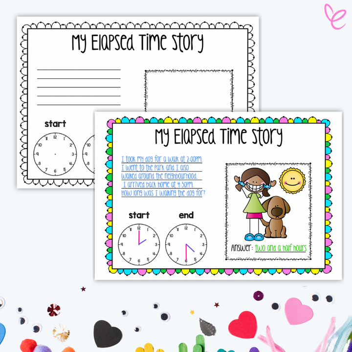 Interactive Elapsed Time Activities digital download featuring creative storytelling elements for mastering time-telling skills. Displayed on a white background with over craft items. The first card has been filled in to show the finished result