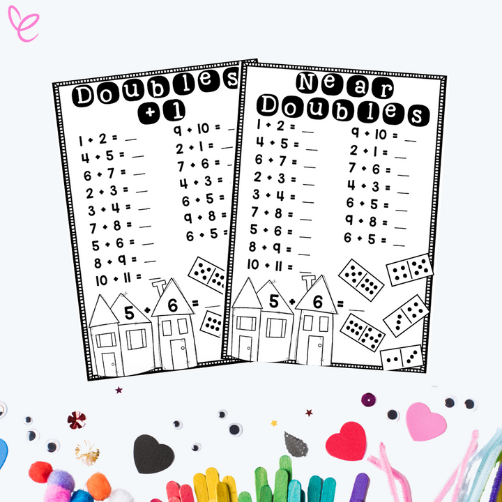 Two black-and-white printable worksheets for teaching near doubles and doubles plus one math strategies. The 'Doubles +1' worksheet includes problems such as 1+2 and 4+5, while the 'Near Doubles' worksheet features similar problems like 1+2 and 6+5. Both worksheets have a decorative border, small house illustrations, and domino visuals to support student engagement. Designed for teachers to use in classrooms.