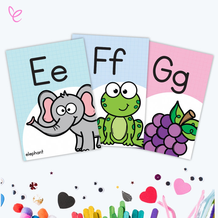 Digital download alphabet posters featuring letters A, B, and C on a white background, surrounded by craft items for a creative learning setup.