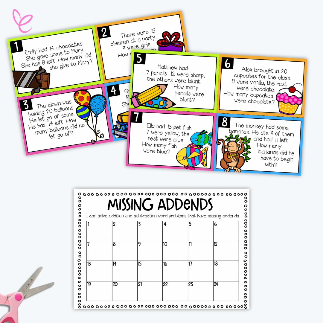 Digital download Missing Addend Word Problems Task Cards displayed with a pair of scissors, ready for classroom use and cutting preparation.