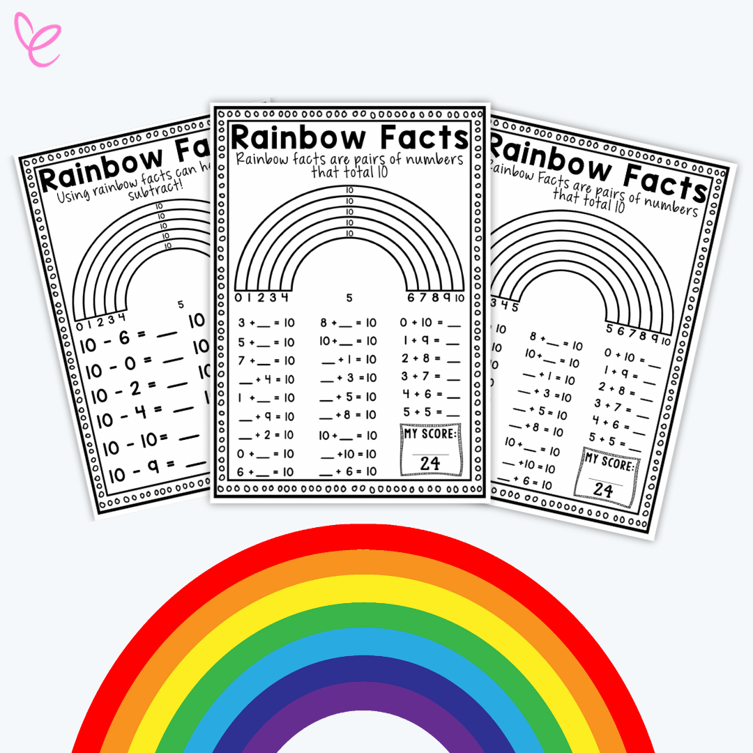 Rainbow Facts Worksheet displayed with problems for addition and subtraction practice above a decorative rainbow, designed for classroom use.