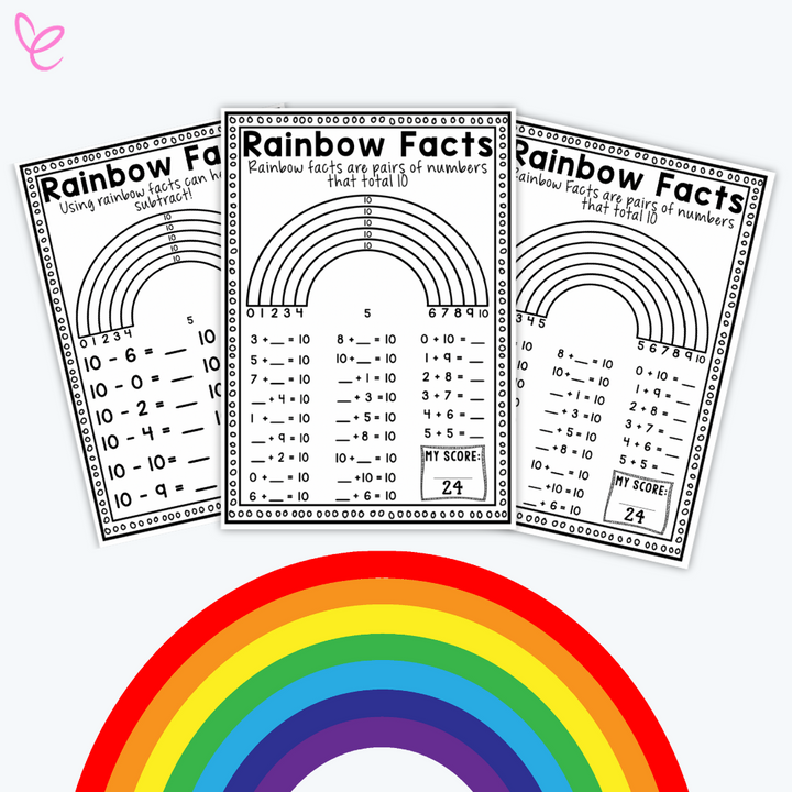 Rainbow Facts Worksheet displayed with problems for addition and subtraction practice above a decorative rainbow, designed for classroom use.