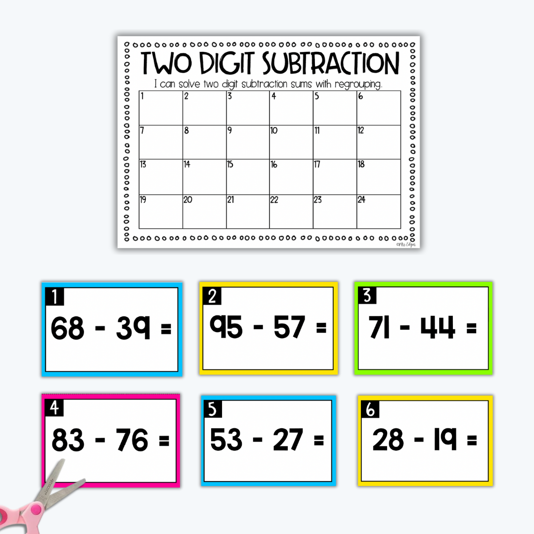 Two-Digit Subtraction with Regrouping Task Cards digital download displayed on a white background, featuring colourful subtraction practice cards.