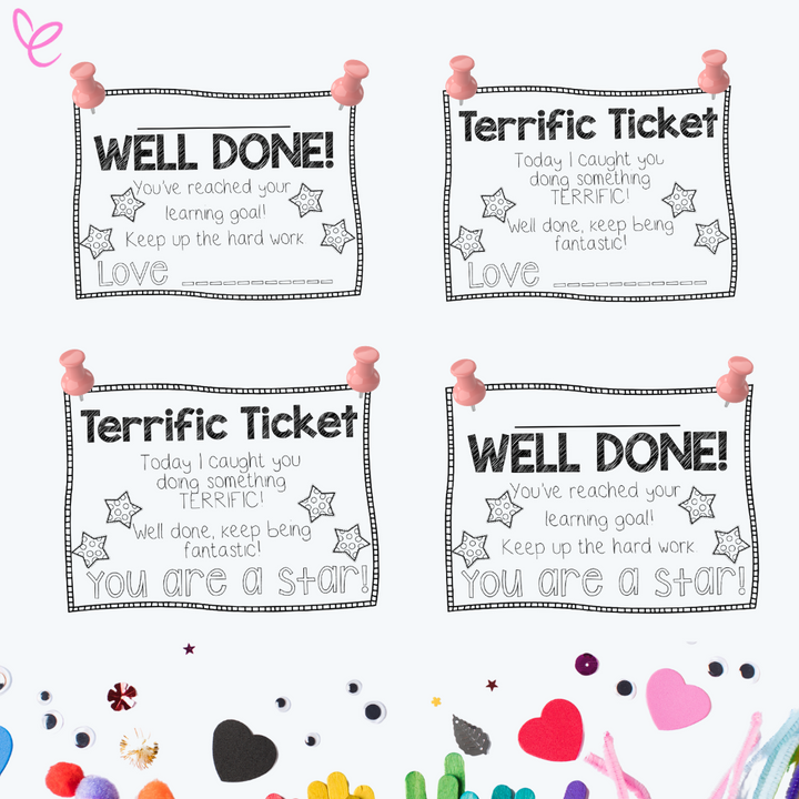 Class Certificates Editable Student Awards digital downloads displayed alongside other craft items, featuring customisable certificates for recognising student achievements. 