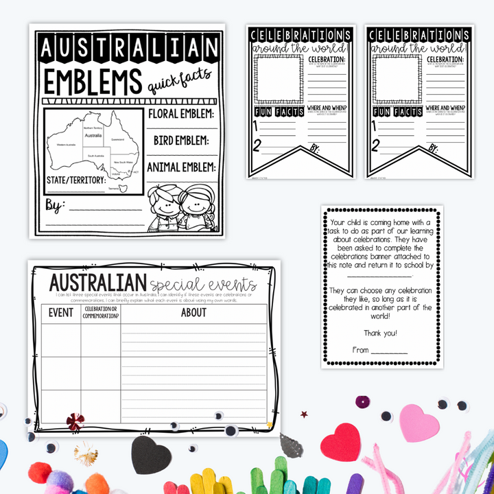 Digital Year 3 HASS printable worksheets on a white background surrounded by craft items, featuring Australian special events, emblems, and celebrations around the world activities.