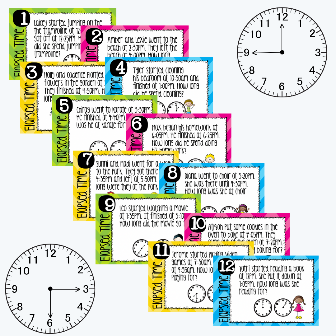 Colourful Elapsed Time Task Cards for Grade 3 and Grade 4 displayed on a white background with two clocks, showcasing engaging maths activities.