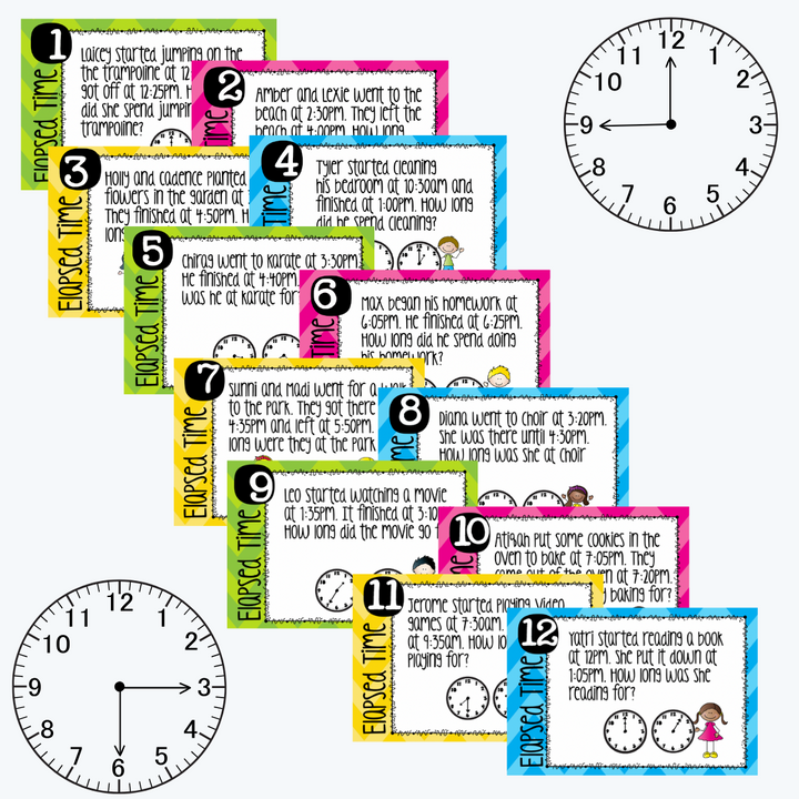 Colourful Elapsed Time Task Cards for Grade 3 and Grade 4 displayed on a white background with two clocks, showcasing engaging maths activities.