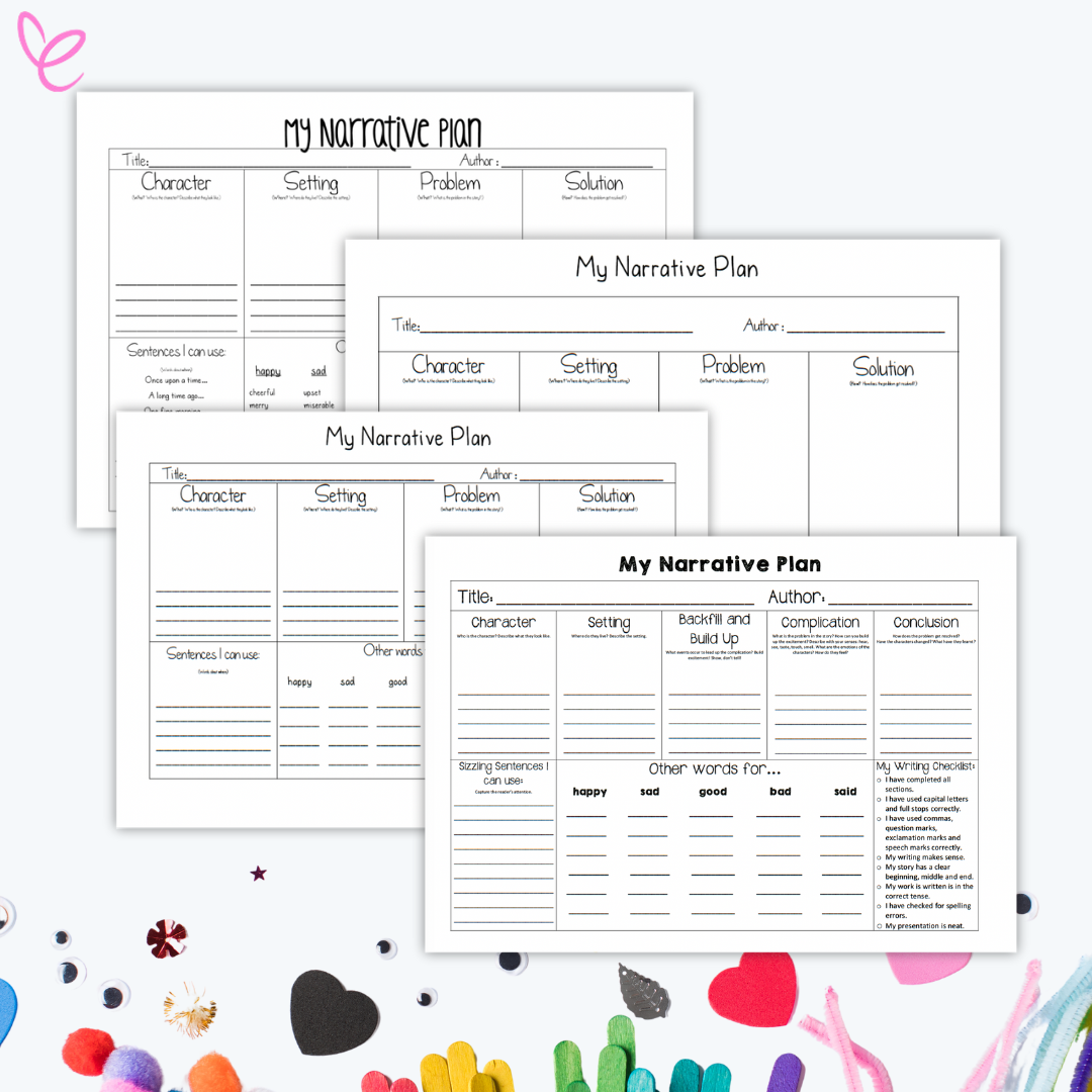 Five Narrative Writing Planning Templates displayed on a white background surrounded by craft items, showing structured sections for storytelling.