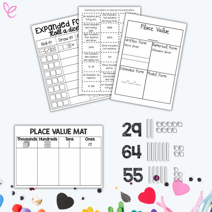 Place Value Activities digital teacher printable with place value mats, number cards, and craft supplies on a white background.