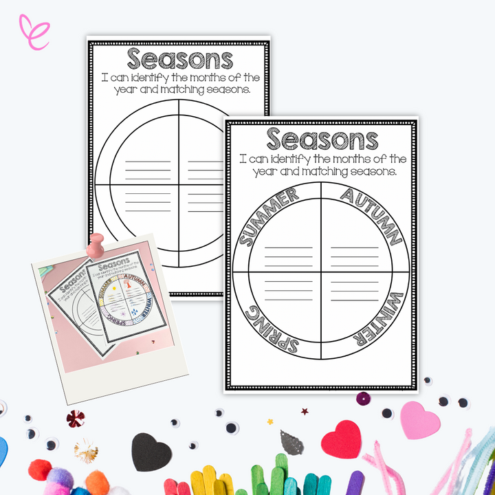 A photo of the Interactive Australian Months and Seasons worksheet for kids, featuring a white background displayed with over craft items.