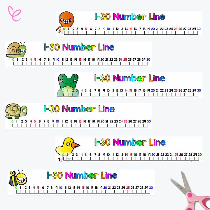 Bright and colourful 1-30 number lines in seven unique designs displayed on a white background with scissors, ready for classroom use.